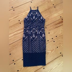 Stunning Navy Bardot lace dress, Size 8